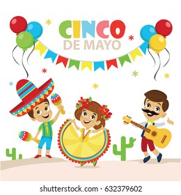 Cinco De Mayo Party Set of character. Happy mexican costume wearing boy and girl. Vector illustration