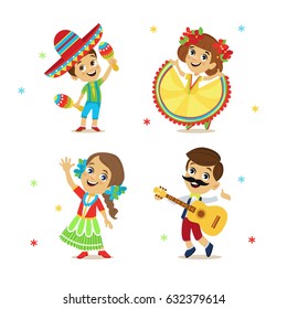 Cinco De Mayo Party Set of character. Happy mexican costume wearing boy and girl. Vector illustration