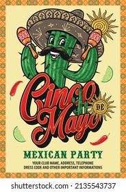 Cinco de Mayo party vintage banner with cheerful thorny cactus with mustache wearing sombrero shaking maracas, lime slices and chili pepper, vector illustration