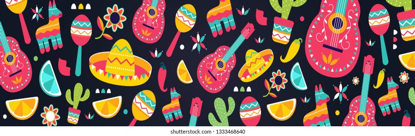 Cinco de Mayo Pattern for festival in Mexico, fashion imprint. T-shirt print of traditional Mexican ethnic symbols with maracas, pinata, fruits, sombrero, cactus, guitar. Vector illustration