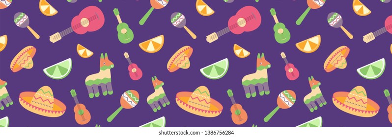 Cinco de Mayo Pattern for festival in Mexico, fashion imprint. T-shirt print of traditional Mexican ethnic symbols with maracas, pinata, fruits, sombrero, cactus, guitar. Vector illustration