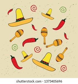 Cinco de mayo pattern. Hand drawn festive elements (sombrero, pepper, maracas) on textured  background.  Vector illustration for celebration banner, poster, postcard. 