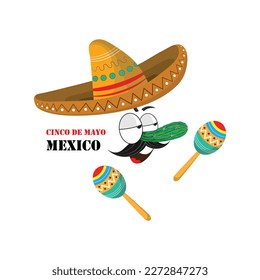 Cinco de mayo. Portrait of funny mexican man in sombrero with maracas isolated on white background.