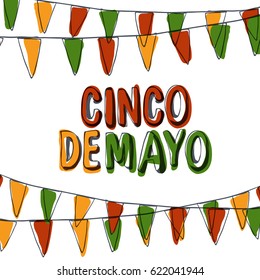 Cinco de Mayo Postcard. Holiday Pennant Bunting. Hand drawn vector illustration