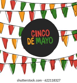 Cinco de Mayo Postcard. Holiday Pennant Bunting. Hand drawn vector illustration