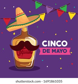 cinco de mayo poster with bottle tequila and decoration vector illustration design