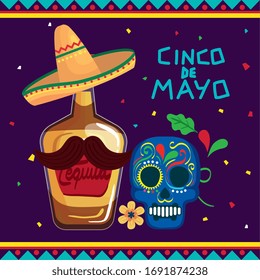 cinco de mayo poster with bottle tequila and skull decorated vector illustration design