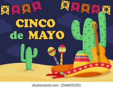 Cartaz de Cinco de Mayo. Cacti perto de maracas, sombrero, pimenta e violão no deserto. Feriado e festival tradicional mexicano. Cartaz, banner ou capa. Ilustração de vetor plano