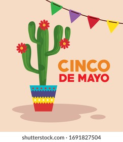 cinco de mayo poster with cactus and decoration vector illustration design