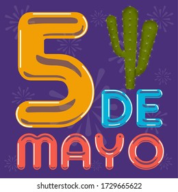 Cinco de mayo poster with a cactus and number five - Vector