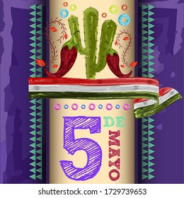 Cinco de mayo poster. Cactus, red chili peppers and flag of Mexico - Vector