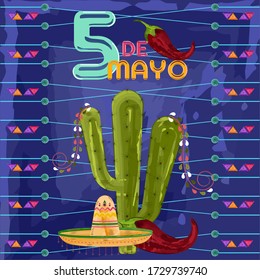 Cinco de mayo poster with a cactus, red chili peppers, traditional mexican hat and number five - Vector