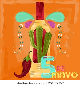 Cinco de mayo poster. Cactus, tequila bottle, red chili pepper and traditional mexican hat - Vector