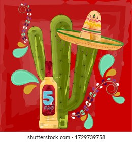 Cinco de mayo poster. Cactus, tequila bottle and traditional mexican hat - Vector