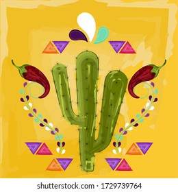Cinco de mayo poster with a cactus and red chili peppers - Vector