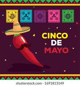 cinco de mayo poster with chili pepper and decoration vector illustration design