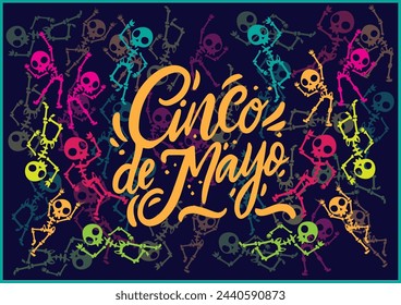 Cartel del Cinco de Mayo en forma de círculo. Colección de atributos culturales mexicanos. Diseño de esqueleto