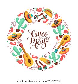 Cinco de Mayo poster in circle shape. Mexican culture attributes collection. Greeting card with guitar, sombrero, maracas, cactus and jalapeno isolated on light background.