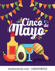 cinco de mayo poster with cocktail and icons decoration vector illustration design