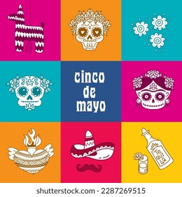 Cinco de mayo poster in colorful doodle style. Mexican party, mexico latin fiesta decorative invitation. Sacred heart, skulls flowers, pinata, Sombrero with mustache. Colorful vector card design.