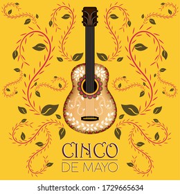 Cinco de mayo poster. Decorated traditional mexican guitar - Vector