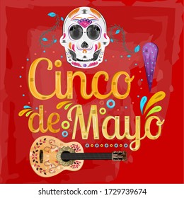 Cinco de mayo poster. Decorated mexican skull and guitar - Vector