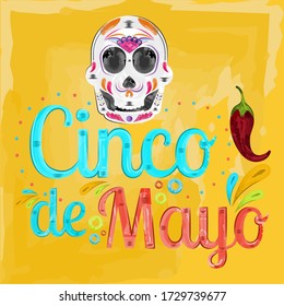 Cinco de mayo poster. Decorated mexican skull and red chili pepper - Vector