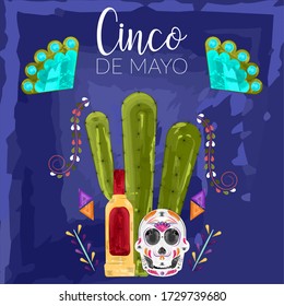 Cinco de mayo poster. Decorated mexican skull, cactus and tequila bottle - Vector