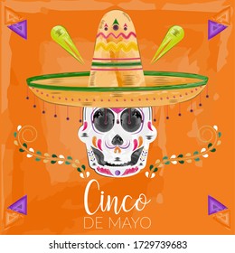 Cinco de mayo poster. Decorated mexican skull with a sombrero - Vector