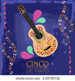 Cinco de mayo poster. Decorated traditional mexican guitar - Vector