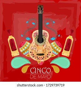 Cinco de mayo poster. Decorated guitar and tequila bottle - Vector