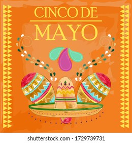 Cinco de mayo poster. Decorated mexican maraca and traditional mexican hat - Vector