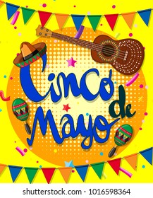 Cinco de mayo poster design with guitar and flags illustration