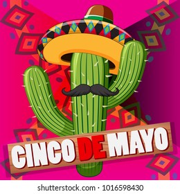 Cinco de mayo poster design with cactus wearing hat illustration