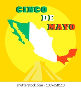 Cinco de Mayo poster design template with Mexican map and piramide. Vector illustration.