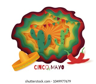 Cinco De Mayo poster design. Paper cut vector illustration. Marketing, advertising or invitation template with copy space for your holiday celebration at a bar, restaurant, nightclub or other venue