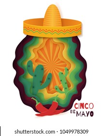 Cinco De Mayo poster design. Paper cut vector illustration. Marketing, advertising or invitation template with copy space for your holiday celebration at a bar, restaurant, nightclub or other venue