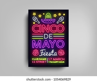 Cinco de Mayo poster design neon style template. Neon sign, bright light neon flyer, light banner, typography, Mexican holiday. Invitation to party, festival, celebration, fiesta. Vector illustration