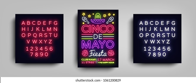 Cinco de Mayo poster design neon style template. Neon sign, bright light neon flyer, Mexican holiday. Invitation to party, festival, celebration, fiesta. Vector illustration. Editing text neon sign