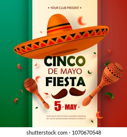 Cinco De Mayo poster design. Marketing, advertising or invitation template with copy space for your holiday celebration at a bar, restaurant, nightclub or other venue. EPS 10 vector. Illustration