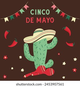 cinco de mayo poster design with cactus in sombrero