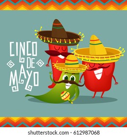 Cinco De Mayo poster design template. Viva Mexico! Illustration with funny characters. Mexican traditional food. Red and hot! 