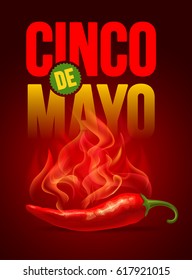 Cinco de Mayo poster design template with lettering, and burning red pepper jalapeno with fire. Vector illustration.