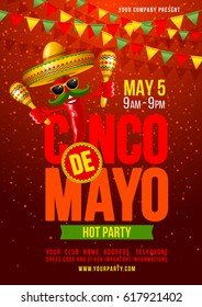 Cinco de Mayo poster design template with lettering, and cheerful red pepper jalapeno in sombrero and with maracas - symbols of holiday. Vector illustration. 