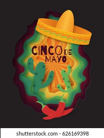 Cinco De Mayo poster design. Paper cut vector illustration.  Marketing, advertising or invitation template with copy space for your holiday celebration at a bar, restaurant, nightclub or other venue.