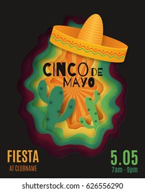 Cinco De Mayo poster design. Paper cut vector illustration.  Marketing, advertising or invitation template with copy space for your holiday celebration at a bar, restaurant, nightclub or other venue