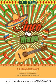 Cinco De Mayo poster design. Marketing, advertising or invitation template with copy space for your holiday celebration at a bar, restaurant, nightclub or other venue.