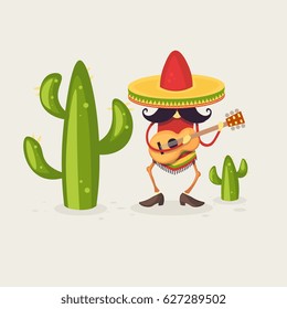 Cinco de mayo. poster design template with lettering, and cheerful guitarist  in sombrero and with guitar. vector illustration