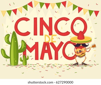 Cinco de Mayo poster design template with lettering, and cheerful guitarist  in sombrero and with guitar, Flags and cacti - symbols of holiday. Vector illustration.