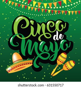 Cinco de Mayo poster design template with lettering, flaming red pepper jalapeno and sombrero - symbols of holiday. EPS 10 vector.